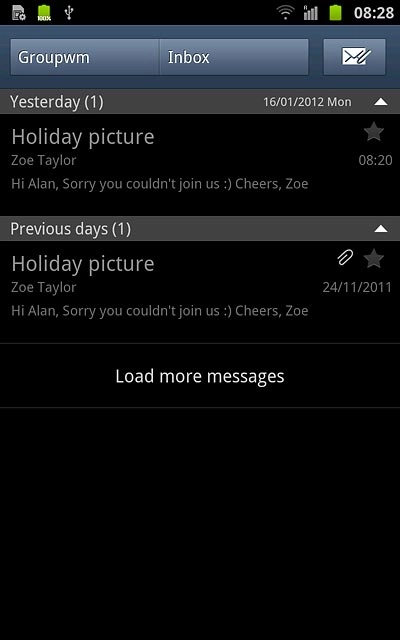 To see a list of email accounts:Press the field in the top left corner of the display (the account name).