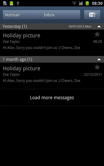 To see a list of email accounts:Press the field in the top left corner of the display (the account name).