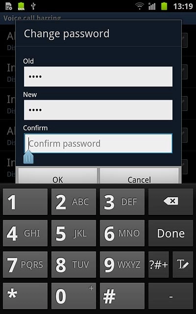 Press Cofirm and key in the new barring password again and press OK.