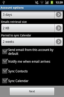 Press Sync Contacts and Sync Calendar to turn synchronisation on or off.