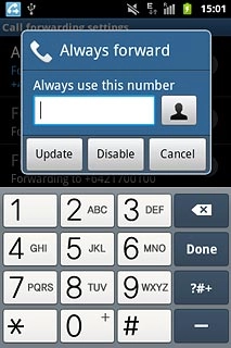 Press Disable.A request to cancel the selected divert type is sent to the network.Repeat until all diverts have been cancelled.