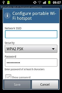 Press the field below Network SSID and key in the required name for the Wi-Fi hotspot.