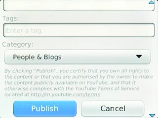 Key in text for the video clip.Scroll to Publish and press the Navigation key.
