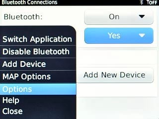 Scroll to Options and press the Navigation key.Choose one of the following options:Enter Bluetooth name, go to 4a.Select setting for barring of outgoing calls, go to 4b.Select setting for contacts transfer, go to 4c.Turn LED Connection Indicator on or off, go to 4d.Turn encryption on or off, go to 4e.Turn connect on power up on or off, go to 4f.