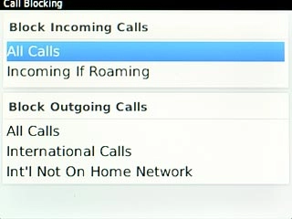 Highlight All Calls or Incoming If Roaming below Block Incoming Calls and press the Navigation key.