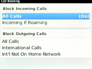 Highlight one of the following options:All Calls below Block Incoming Calls