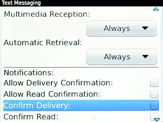 Scroll to Confirm Delivery and press the Navigation key to turn the function on or off.