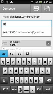 An email message containing the picture or video clip is created.Key in the first letters of the required contact.Matching contacts are displayed.Press the required contact.