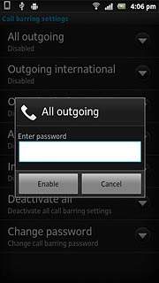 Key in the barring password (default is 0000) and press Enable.