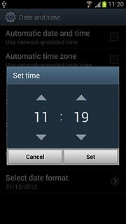 Press arrow up or arrow down next to hours and minutes to set the time.