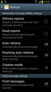 Press Delivery reports below Multimedia message (MMS) settings to turn the function on or off.