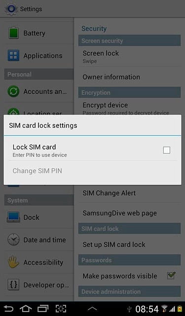 Press Lock SIM card to turn use of PIN on or off.