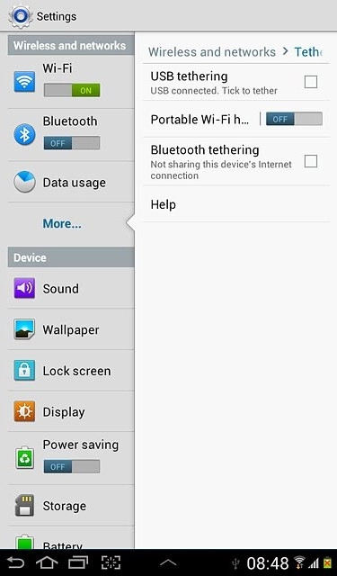 Press USB tethering to turn on tethering.