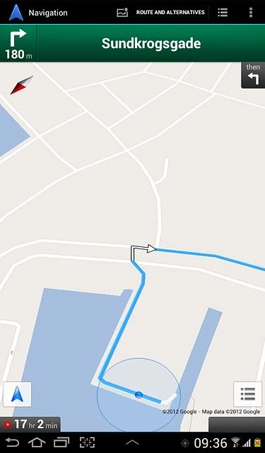 The navigation window with information about your route is displayed.The next turn and the next route detail are displayed at the top of the display.