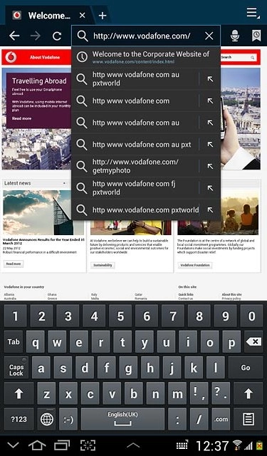Key in the address of the required web page and press Go.