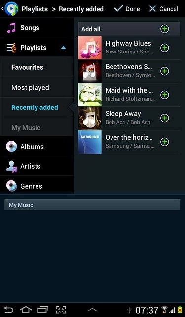 Go to the required audio files.Press + next to the required audio files to add them.
