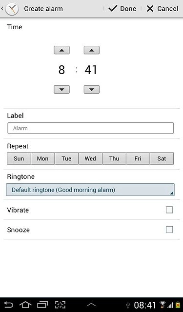Press arrow up or arrow down next to hours and minutes to set the time.