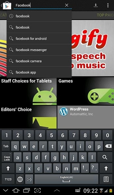 Key in Facebook and press the search icon.
