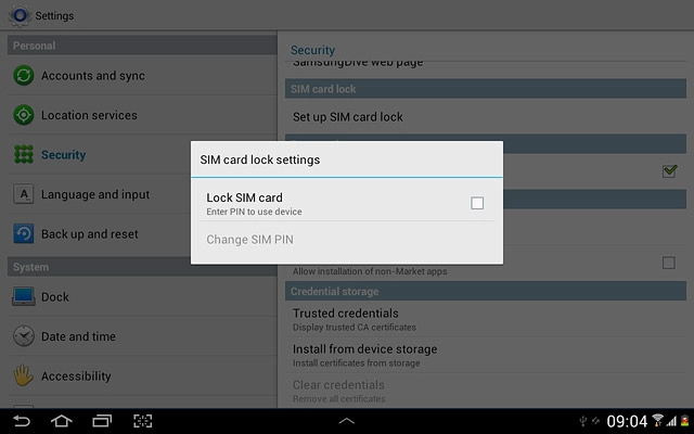 Press Lock SIM card to turn use of PIN on or off.
