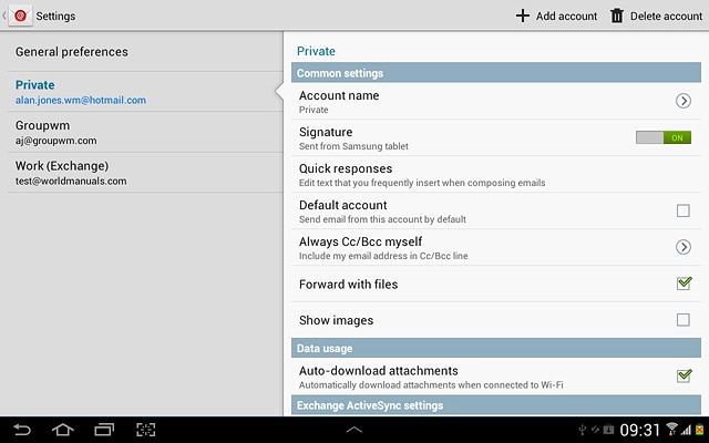 Press Default account to turn on the function.