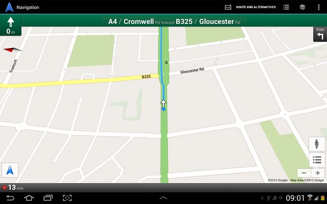 The navigation window with information about your route is displayed.The next turn and the next route detail are displayed at the top of the display.