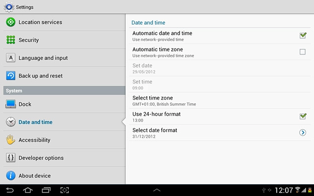 Press Automatic time zone to turn the function on or off.