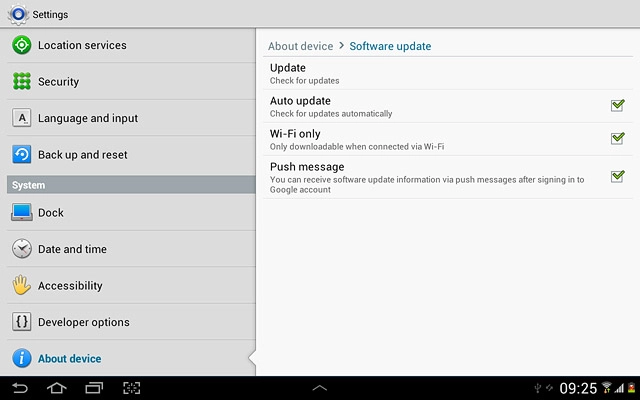 Press Update.If a new software version is available, it's displayed.Follow the instructions on the display to update the device software.