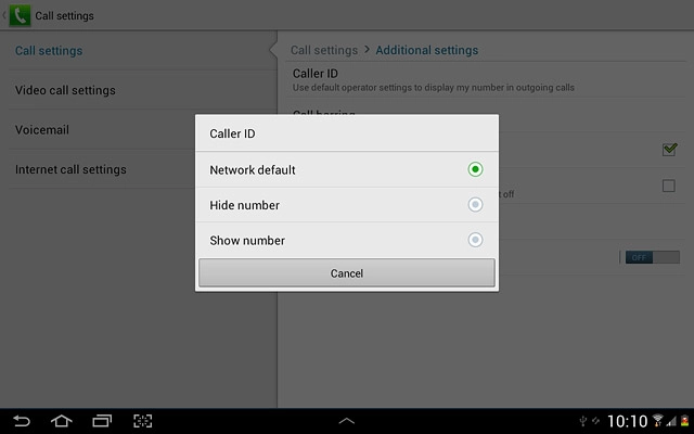 Press Network default, Hide number or Show number.