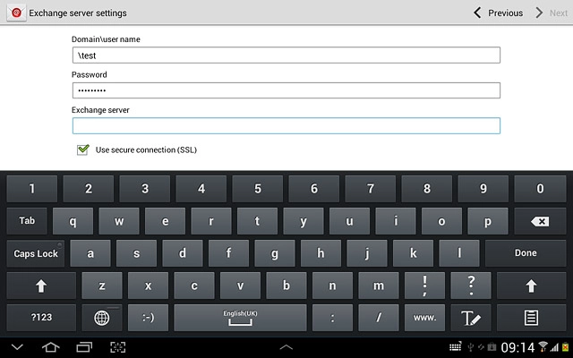Press the field below Exchange server and key in the server address.