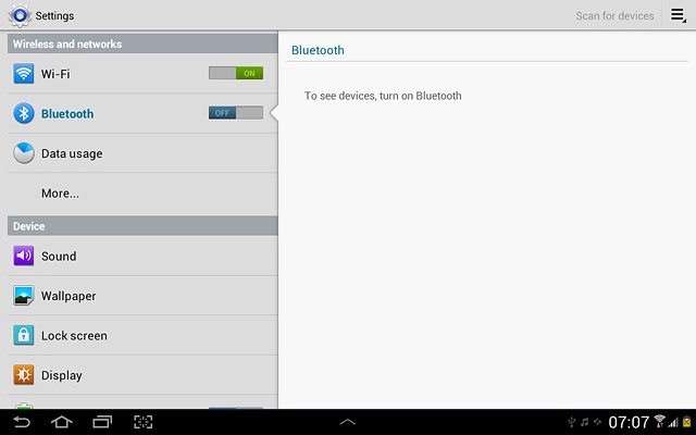 Press the field next to Bluetooth to select ON.