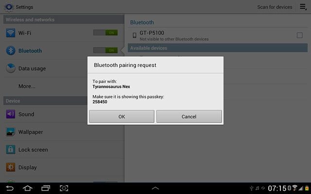 Check that the same access code is displayed on both devices and press OK.The new device is displayed on the list of paired devices.