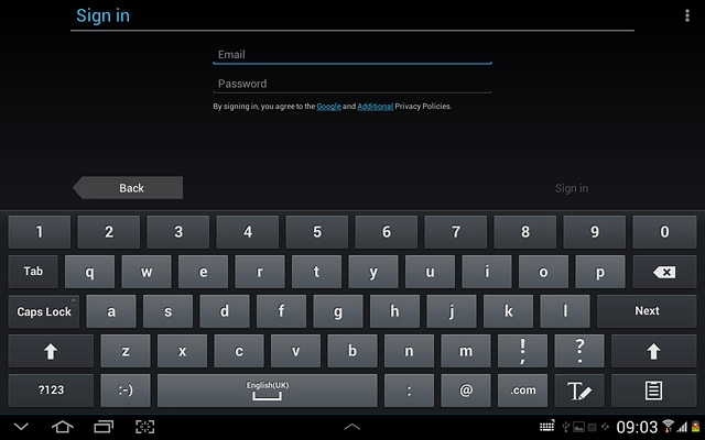 Press Email and key in the email address for your Google account.
