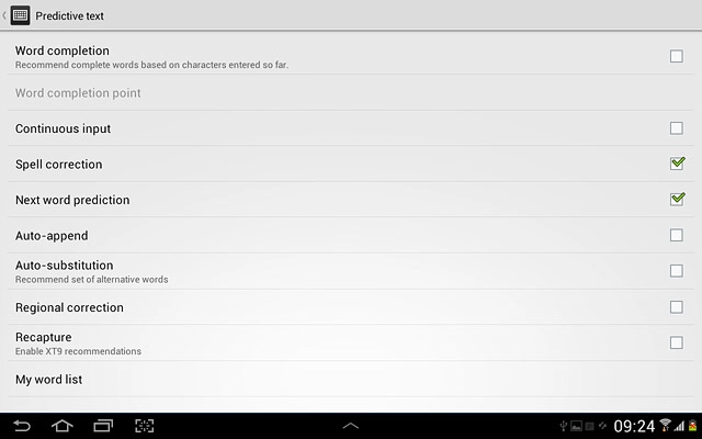 Press Word completion to turn on word suggestion.