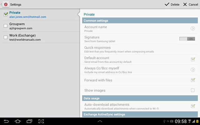 When the box next to an email account is ticked (V), the account is selected.