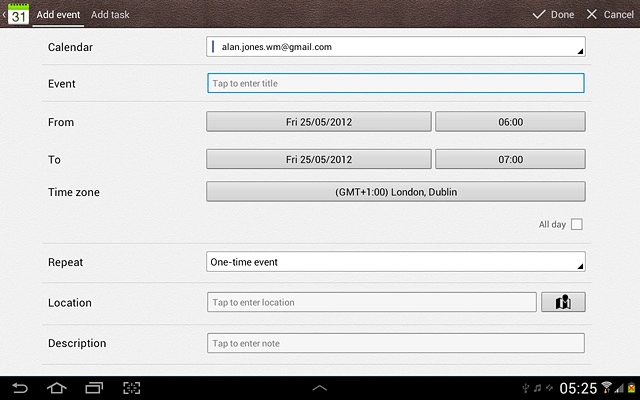 Press the field next to Event.Key in a subject for the appointment.Follow the instructions on the display to key in more information, such as location, duration and reminder.