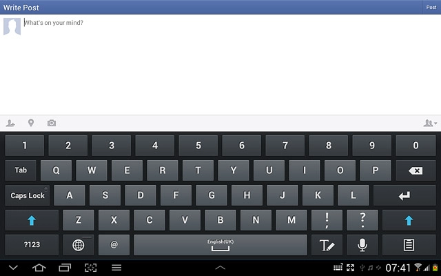 You can now use the application.Please note that Facebook isn't part of the original application package and therefore only a general description is given here.You have a number of options, such as:Write status updatesSend messagesWrite text on WallUpload picturesSelect application settings