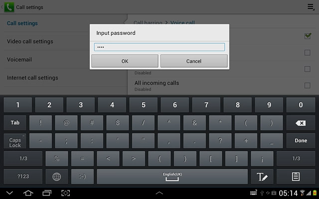 Key in your barring password (default is 0000) and press OK.