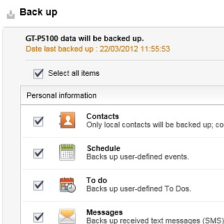 When the box next to the menu item is ticked (V), all data types will be backed up.