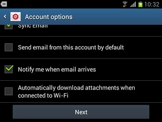 Follow the instructions on the display to select email account settings.Press Next.