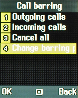 Scroll to Change barring password and press the Navigation key.
