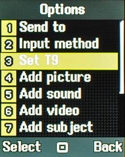 Scroll to Set T9 and press the Navigation key.