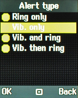 To turn on vibration:Highlight Vib. only, Vib. and ring or Vib. then ring and press the Navigation key.