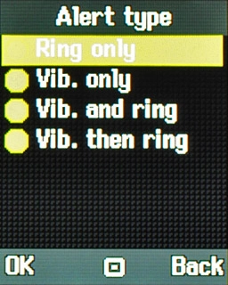 To turn off vibration:Scroll to Ring only and press the Navigation key.