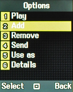 Scroll to Add and press the Navigation key.Go to the required audio file.