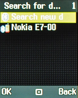 Scroll to Seach for new device and press the Navigation key.Your phone now searches for devices and after a moment, a list of Bluetooth devices within range is displayed.