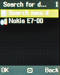 If required, scroll to Search for new device and press the Navigation key.Your phone now searches for devices and after a moment, a list of Bluetooth devices within range is displayed.