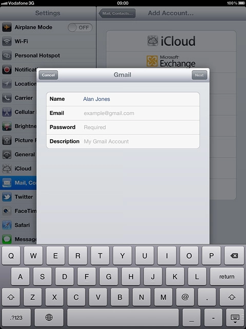 Press Email and key in your email address (such as name@provider.com).