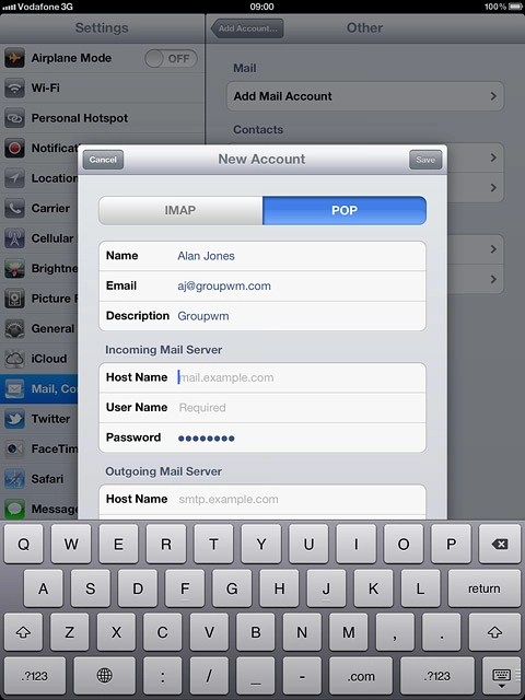 Press Host Name below Incoming Mail Server.Key in the name or the IP address of your service provider's incoming server.