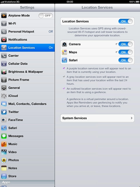 Press the indicator next to the required application to turn geotagging for the required applications on or off.
