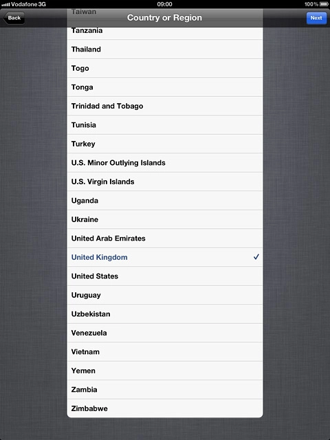 To change country or area:Press the required country or area.
